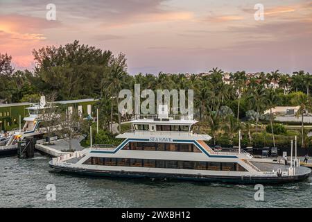 Miami, Floride, États-Unis - 29 juillet 2023 : Seahawk RORO ferry le long de la rive N de l'île Fisher, emplacement de condominiums de luxe sous le ciel du soir. Folia verte Banque D'Images