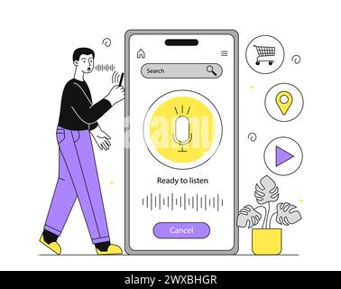Recherche vocale sur smartphone vecteur linéaire Illustration de Vecteur
