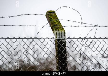 Mobillfunksender auf Sendemast des ehemaligen Warnamtes Meinerzhagen Im Zuge der Auflösung im Jahre 1997 wurde auch das Warnamt Meinerzhagen Märkischer Kreis, Sauerland stillgelegt. Auf dem Anwesen sind mittlerweile Privatfirmen angesiedelt. Der Sendemast wird weiter artgerecht genutzt und beherbergt Richtfunkstrecken und Mobilfunkantennen. DAS Gelände ist noch immer gut gesichert : Aufgrund der Funktion der Warnämter während des Kalten Krieges ist die Liegenschaft ähnlich wie eine Kaserne oder eine Grenzanlage gesichert : mit Stacheldraht und hohen Zäunen. für Unbefugte ist das Grundstück noch Banque D'Images