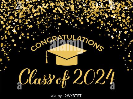 Classe de bannière 2024. Soirée de remise des diplômes en confettis or ou décorations de bal. Félicitations aux diplômés affiche de typographie. Illustration vectorielle Illustration de Vecteur