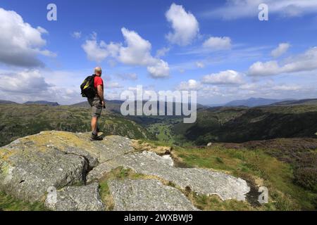 Walker sur le sommet de Eagle Crag Fell, Stonethwaite Valley, Allerdale, Lake District National Park, Cumbria, Angleterre, Royaume-Uni Eagle Crag est l'un des 21 Banque D'Images