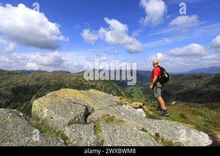 Walker sur le sommet de Eagle Crag Fell, Stonethwaite Valley, Allerdale, Lake District National Park, Cumbria, Angleterre, Royaume-Uni Eagle Crag est l'un des 21 Banque D'Images