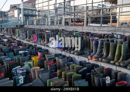 Wellies sur les marches du Parlement Senedd / gallois dans le cadre d'une manifestation des agriculteurs. Banque D'Images