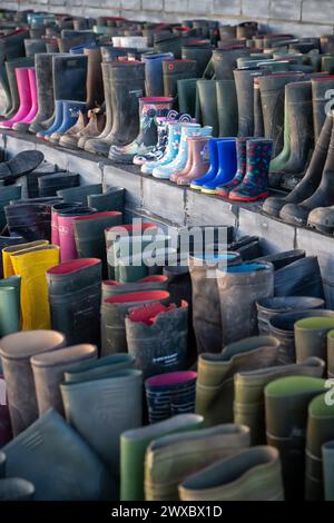 Wellies sur les marches du Parlement Senedd / gallois dans le cadre d'une manifestation des agriculteurs. Banque D'Images