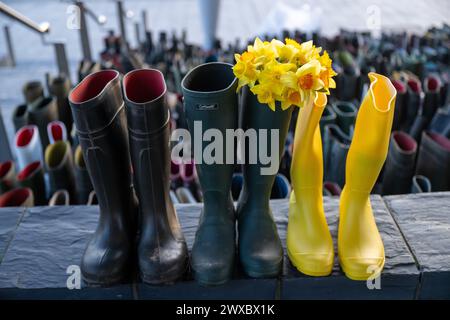 Wellies sur les marches du Parlement Senedd / gallois dans le cadre d'une manifestation des agriculteurs. Banque D'Images