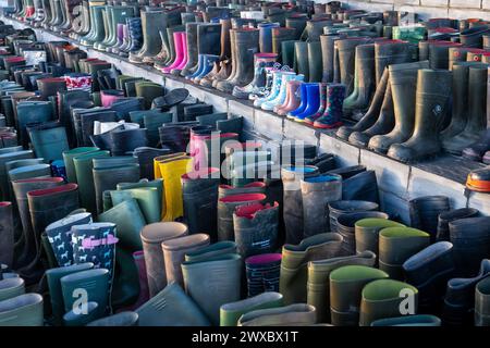 Wellies sur les marches du Parlement Senedd / gallois dans le cadre d'une manifestation des agriculteurs. Banque D'Images