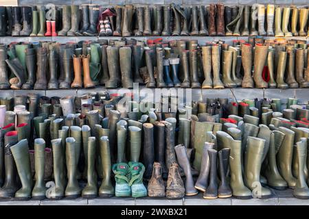 Wellies sur les marches du Parlement Senedd / gallois dans le cadre d'une manifestation des agriculteurs. Banque D'Images