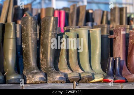 Wellies sur les marches du Parlement Senedd / gallois dans le cadre d'une manifestation des agriculteurs. Banque D'Images