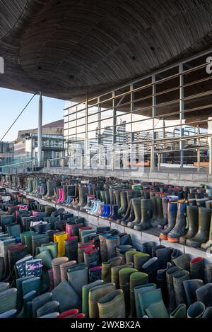 Wellies sur les marches du Parlement Senedd / gallois dans le cadre d'une manifestation des agriculteurs. Banque D'Images