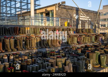 Wellies sur les marches du Parlement Senedd / gallois dans le cadre d'une manifestation des agriculteurs. Banque D'Images