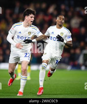 WATFORD, Royaume-Uni - 29 mars 2024 : Crysencio Summerville de Leeds United célèbre avoir marqué le but égalisateur de son équipe pour marquer le score de 1-1 lors du match du championnat EFL entre Watford FC et Leeds United à Vicarage Road (crédit : Craig Mercer/ Alamy Live News) Banque D'Images