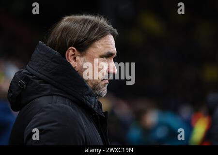 WATFORD, Royaume-Uni - 29 mars 2024 : Daniel Farke, manager de Leeds United, regarde devant le match de championnat EFL entre Watford FC et Leeds United à Vicarage Road (crédit : Craig Mercer/ Alamy Live News) Banque D'Images