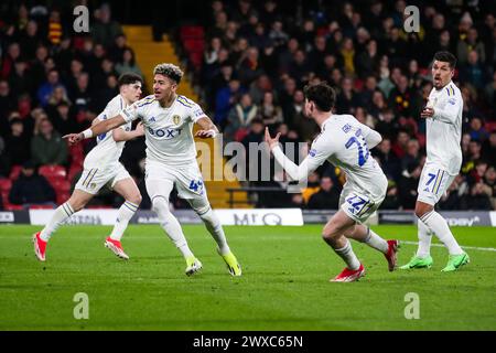 Watford, Royaume-Uni. 27 mars 2024. Mateo Joseph de Leeds United célèbre avoir marqué le deuxième but de son équipe lors du match du Watford FC vs Leeds United FC SKY Bet EFL Championship à Vicarage Road, Watford, Angleterre, Royaume-Uni le 29 mars 2024 Credit : Every second Media/Alamy Live News Banque D'Images