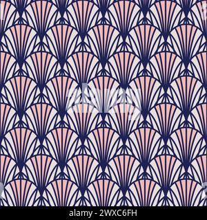 Texture de motif sans couture de style Art déco avec des écailles de voûte dans des contours bleus et roses Illustration de Vecteur