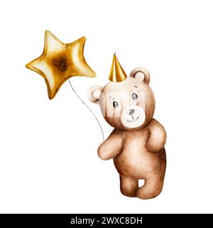 Ours en peluche de dessin animé mignon à l'aquarelle avec ballon de feuille d'or sur une ficelle. Illustration de bébé dessinée à la main isolée sur fond blanc. Beau jouet pour Banque D'Images
