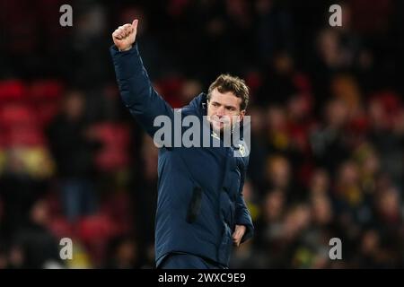 Watford, Royaume-Uni. 29 mars 2024. Le manager de Watford Tom astucieusement après le coup de sifflet final lors du match du Watford FC vs Leeds United FC SKY Bet EFL Championship à Vicarage Road, Watford, Angleterre, Royaume-Uni le 29 mars 2024 Credit : Every second Media/Alamy Live News Banque D'Images
