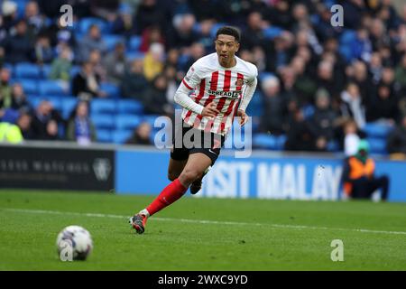 Cardiff, Royaume-Uni. 29 mars 2024. Jobe Bellingham du Sunderland FC en action. EFL Skybet championnat match, Cardiff City v Sunderland au Cardiff City Stadium de Cardiff, pays de Galles, le vendredi Saint 29 mars 2024. Cette image ne peut être utilisée qu'à des fins éditoriales. Usage éditorial exclusif, photo par Andrew Orchard/Andrew Orchard photographie sportive/Alamy Live News crédit : Andrew Orchard photographie sportive/Alamy Live News Banque D'Images