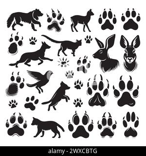 Silhouette ensemble de différents animaux et leur empreinte Illustration de Vecteur