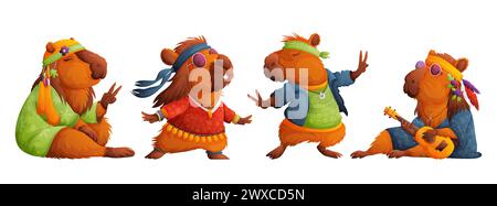 Ensemble de capybaras hippie paisibles. Calmez le capybara dans des vêtements hippie lumineux et des lunettes roses, détend, médite et joue d'une petite guitare ukulélé Illustration de Vecteur