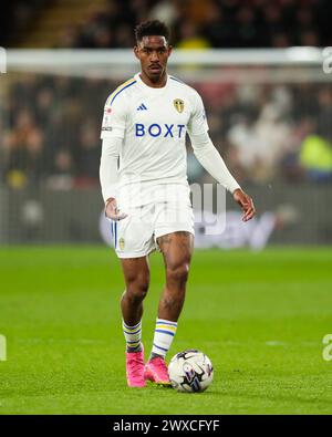 Watford, Royaume-Uni. 29 mars 2024. Jaidon Anthony de Leeds United en action lors du match du Watford FC vs Leeds United FC SKY BET EFL Championship à Vicarage Road, Watford, Angleterre, Royaume-Uni le 29 mars 2024 Credit : Every second Media/Alamy Live News Banque D'Images