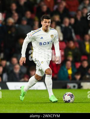 Watford, Royaume-Uni. 29 mars 2024. Joel Piroe de Leeds United en action lors du match du Watford FC v Leeds United Sky Bet EFL Championship à Vicarage Road, Watford, Angleterre, Royaume-Uni le 29 mars 2024 Credit : Every second Media/Alamy Live News Banque D'Images