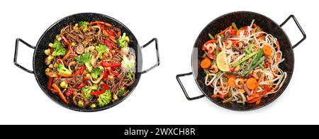 Woks avec nouilles sautées et légumes isolés sur blanc, vue de dessus Banque D'Images