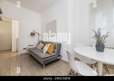 Un petit salon avec un canapé-lit tapissé de velours gris et une table circulaire blanche avec des chaises assorties Banque D'Images