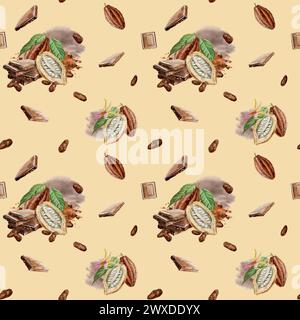 Modèle sans couture avec illustration à l'aquarelle du chocolat, ingrédients de cacao. Pièces de chocolat, dessinées à la main. Banque D'Images