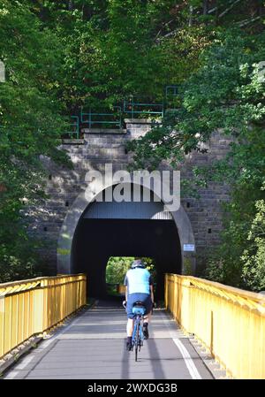 Erlebnis Chemnitztal per Rad oder Eisenbahn Denkmale der Industriegeschichte, Eisenbahntunnel und rauschendes Wasser zwischen riesigen Felsblöcken der Chemnitztalradweg bietet dem Radfahrer ab Chemnitz abwechslungsreiches erleben auf wenigen Kilometern. Auf dem Abschnitt vom Museumbahnhof Markersdorf Richtung Schweizerthal-Diethensdorf befindet sich das romantischste Stück der Trasse. Eine geologische Rarität sind die sogenannten Strudeltöpfe, abgerundet Gneisblöcke die ihre heutige Gestalt durch die Kraft des Wassers erhielten. Eisenbahnromantik im Chemnitztal. Der Verein Eisenbahnfreunde Che Banque D'Images