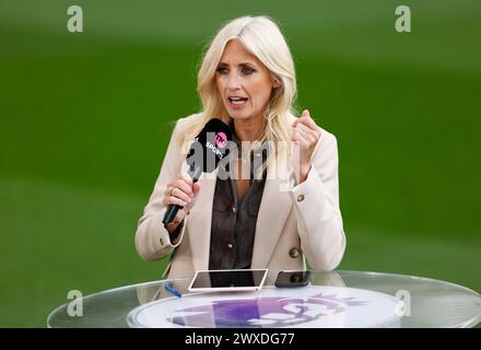 Lynsey Hipgrave, présentatrice de TNT Sports, avant le match de premier League au parfait James' Park, Newcastle upon Tyne. Date de la photo : samedi 30 mars 2024. Banque D'Images