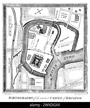 Plan de l'ancien château de Bristol construit sous le règne de Guillaume le Conquérant. Illustration en noir et blanc de « notre propre pays » publiée par Cassell, Petter, Galpin & Co. Fin du XIXe siècle. Banque D'Images