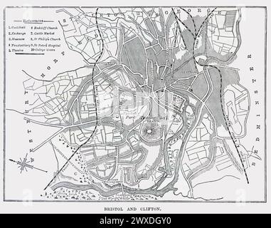 Carte de Bristol et Clifton au XIXe siècle. Illustration en noir et blanc de « notre propre pays » publiée par Cassell, Petter, Galpin & Co. Fin du XIXe siècle. Banque D'Images