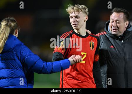 Kobe Corbanie (2) de Belgique photographié lors d'un match de football entre les équipes nationales de Belgique et des pays-Bas de moins de 19 ans le jour 3 dans le groupe 2 de la manche élite de l'UEFA des moins de 19 ans le jeudi 26 mars 2024 à Veendam , pays-Bas . PHOTO SPORTPIX | David Catry Banque D'Images