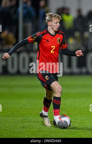 Kobe Corbanie (2) de Belgique photographié lors d'un match de football entre les équipes nationales de Belgique et des pays-Bas de moins de 19 ans le jour 3 dans le groupe 2 de la manche élite de l'UEFA des moins de 19 ans le jeudi 26 mars 2024 à Veendam , pays-Bas . PHOTO SPORTPIX | David Catry Banque D'Images