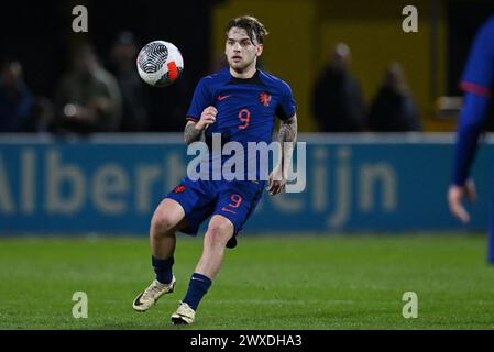 Veendam, pays-Bas. 26 mars 2024. Jason van Duiven (9 ans), des pays-Bas, photographié lors d'un match de football opposant les équipes nationales de Belgique et des pays-Bas de moins de 19 ans le jour 3 dans le groupe 2 de la manche élite des moins de 19 ans de l'UEFA, jeudi 26 mars 2024 à Veendam, pays-Bas . Crédit : Sportpix/Alamy Live News Banque D'Images