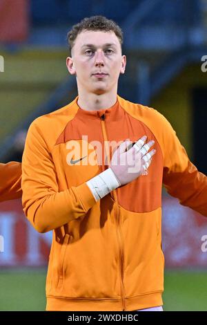 Veendam, pays-Bas. 26 mars 2024. Le gardien de but néerlandais Tristan Kuijsten (16 ans) photographié lors d'un match de football opposant les équipes nationales de Belgique et des pays-Bas de moins de 19 ans le jour 3 dans le groupe 2 de la manche élite de l'UEFA des moins de 19 ans le jeudi 26 mars 2024 à Veendam, pays-Bas . Crédit : Sportpix/Alamy Live News Banque D'Images