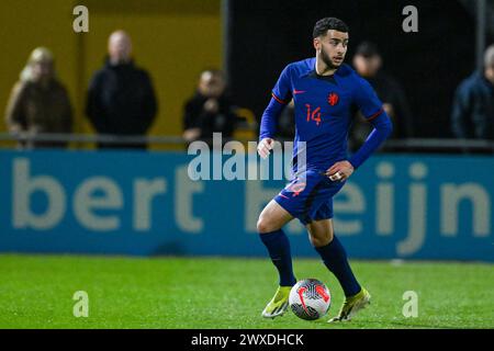 Veendam, pays-Bas. 26 mars 2024. Oualid Agougil (14 ans) des pays-Bas photographié lors d'un match de football entre les équipes nationales de Belgique et des pays-Bas de moins de 19 ans le jour 3 dans le groupe 2 de la manche élite des moins de 19 ans de l'UEFA le jeudi 26 mars 2024 à Veendam, pays-Bas . Crédit : Sportpix/Alamy Live News Banque D'Images