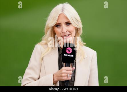 Lynsey Hipgrave, présentatrice de TNT Sports, avant le match de premier League au parfait James' Park, Newcastle upon Tyne. Date de la photo : samedi 30 mars 2024. Banque D'Images