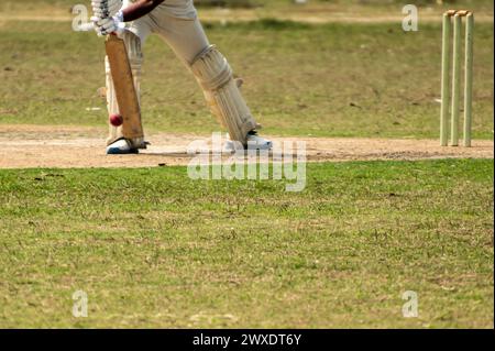 Le batteur de cricket joue un coup défensif en avant Banque D'Images