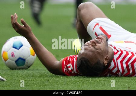 Leipzig, Allemagne. 30 mars 2024. Football, Bundesliga, RB Leipzig - FSV Mainz 05, Journée 27, Red Bull Arena. Lois Openda de Leipzig réagit sur le terrain. Crédit : Hendrik Schmidt/dpa - REMARQUE IMPORTANTE: conformément aux règlements de la DFL German Football League et de la DFB German Football Association, il est interdit d'utiliser ou de faire utiliser des photographies prises dans le stade et/ou du match sous forme d'images séquentielles et/ou de séries de photos de type vidéo./dpa/Alamy Live News Banque D'Images