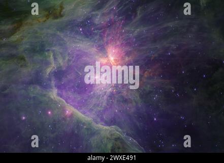 Cette image montre le relevé complet de la nébuleuse interne d'Orion et de l'amas de trapèze réalisé à l'aide de l'instrument NIRCam sur le télescope spatial James Webb NASA/ESA/ASC. Il s'agit du composite couleur à grande longueur d'onde, qui se concentre sur le gaz, la poussière et les molécules de la région avec une sensibilité sans précédent dans l'infrarouge thermique. Crédit : NASA, ESA, CSA / responsables scientifiques et traitement d'images : M. McCaughrean, S. Pearson Banque D'Images