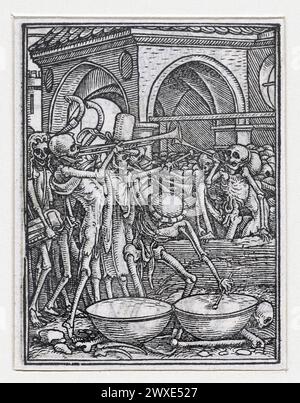 Antique Hans Holbein estampe de squelettes faisant de la musique. Les squelettes jouent des instruments de musique, sonnent des trompettes, battent des tambours et utilisent même une rafale à gauche. Les blocs de bois ont été réalisés avant 1526 par Hans LŸtzelburg et n'ont été utilisés pour la première fois comme illustrations de livres qu'en 1538 dans : les simulachres & Historiees faces de la mort avtant élégamment pourtraictes que artificiellement imaginŽes... 1538. Imprimeur : Hans Holbein Hans LŸtzelburge 1524 - 1526 et/ou 1538 Banque D'Images