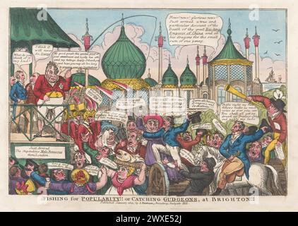 Tirage lithographique colorisé du début du XIXe siècle publié par John Fairburn, sur papier représentant le roi George IV à Brighton, janvier 1821 pêche pour la popularité !! Ou attraper Gudgeons, à Brighton!!! Banque D'Images