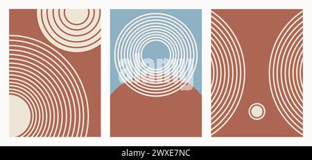 Ensemble d'affiches abstraites minimalistes. Œuvre d'art minimaliste avec des formes géométriques abstraites. Figures simples de couleur rouge argile. Illustration de Vecteur