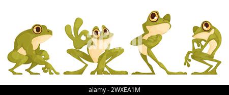 Ensemble de quatre crapauds drôles dans différentes poses. Crapaud vert de forme intéressante de dessin animé, posant. Dessin animé vectoriel. Illustration de Vecteur