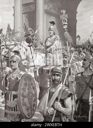 EDITORIAL le retour triomphal de Scipion à Rome en 202 av. J.-C. Publius Cornelius Scipio Africanus, 236–183 av. J.-C., alias Scipio l'Africain, Scipio Africanus-Major, Scipio Africanus l'ancien et Scipion le Grand. Général romain et plus tard consul. D'après la peinture de W.S. Bagdatopoulus. Banque D'Images