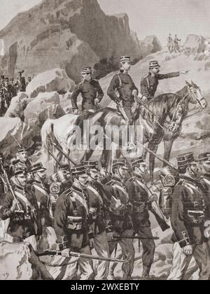 Le prince héritier Constantin de Grèce en route vers le front avec ses aides de camp. Tiré du journal Graphic Illustrated Weekly, imprimé en 1897. Banque D'Images