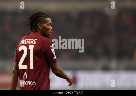 Torino, Italie. 30 mars 2024. David Okereke de Torino regarde le match de football Serie A entre Torino et Monza au Stadio Olimpico Grande Torino à Turin, dans le nord-ouest de l'Italie - samedi 30 mars 2024. Sport - Soccer . (Photo Alberto Gandolfo/LaPresse) crédit : LaPresse/Alamy Live News Banque D'Images