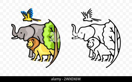 Lion, éléphant, perroquet d'aras, arbre et plante, oiseau et animaux, conception graphique. Écosystème, environnement, environnement, biodiversité et diversité Illustration de Vecteur