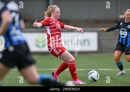 Aalter, Belgique. 30 mars 2024. Amber Barrett (9) de Standard photographié lors d'un match de football féminin entre le Club Brugge Dames YLA et Standard Femina de Liege le 2ème jour de match en play-off 1 de la saison 2023 - 2024 de la Super League belge du Lotto Womens, le samedi 30 mars 2024 à Aalter, BELGIQUE . Crédit : Sportpix/Alamy Live News Banque D'Images
